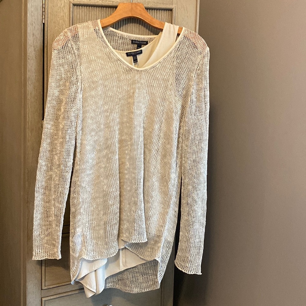 Eileen Fisher PP XS Bone Linen Blend open Weave Sweater + Silk Layering Tank